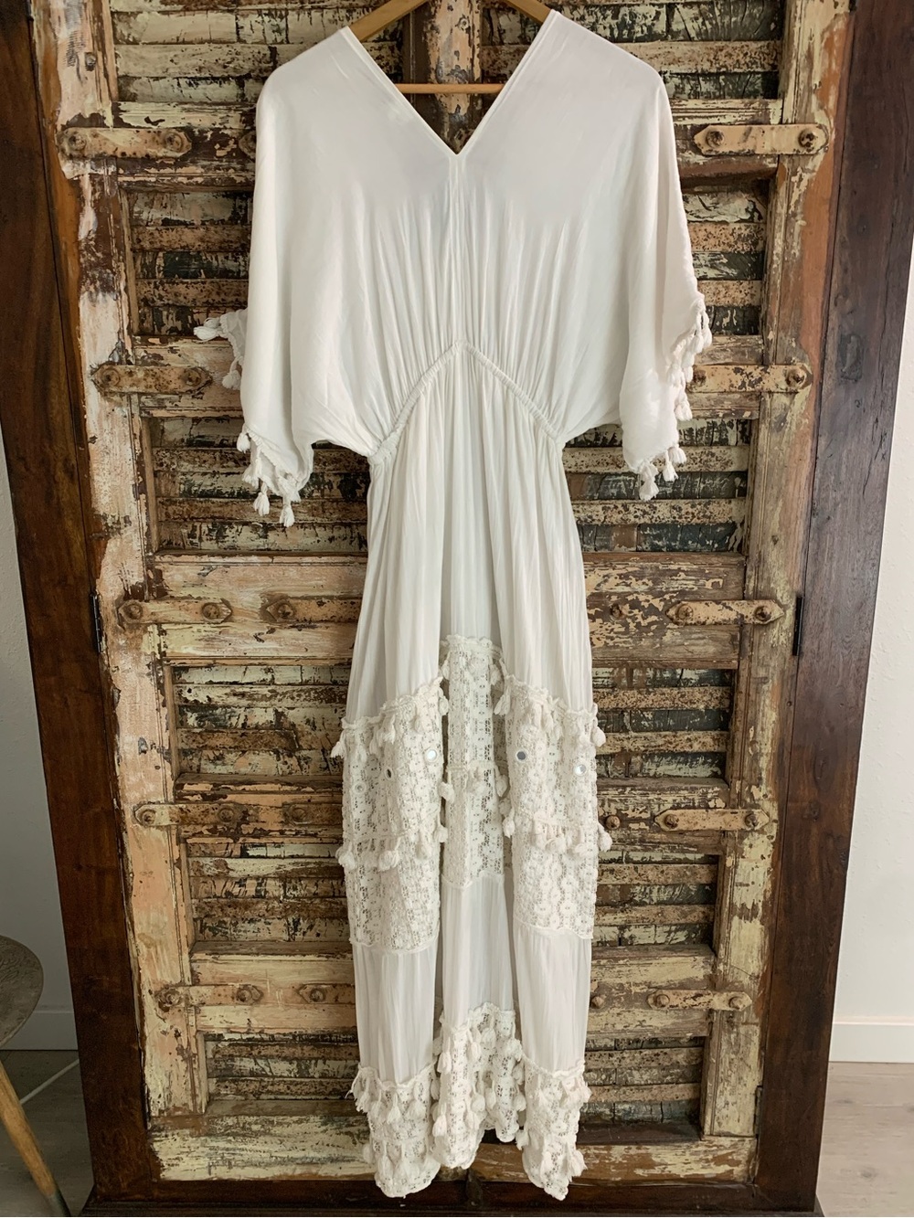Buby.S Boho White Cotton Maxi Peasant Dress, Embroidered Tiered Mirrors Tassel S - Picture 3 of 10